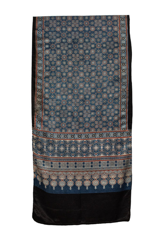 Ajrakh Mashru Silk Natural Dye Screen Print Hand Printed Stole With Tassels     -  SKU : ID22701F