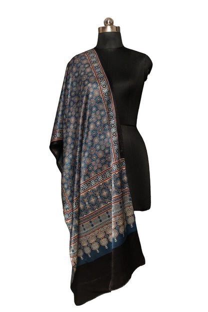 Ajrakh Mashru Silk Natural Dye Screen Print Hand Printed Stole With Tassels     -  SKU : ID22701F