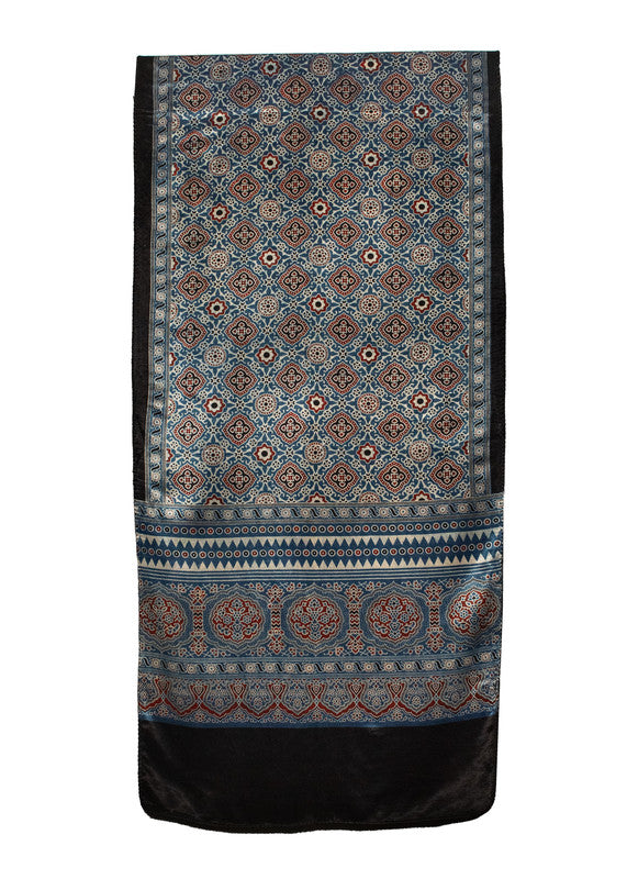 Ajrakh Mashru Silk Natural Dye Screen Print Hand Printed Stole With Tassels     -  SKU : ID22701I