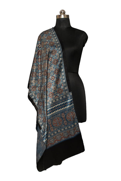 Ajrakh Mashru Silk Natural Dye Screen Print Hand Printed Stole With Tassels     -  SKU : ID22701I