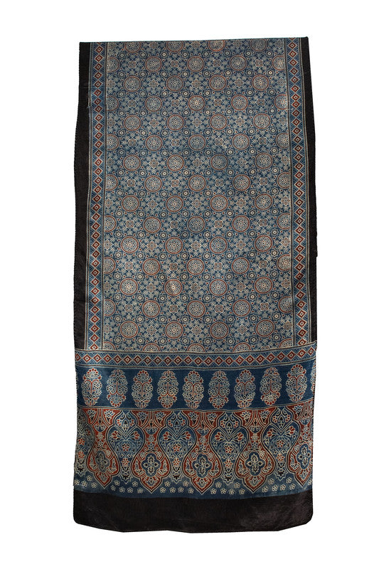 Ajrakh Mashru Silk Natural Dye Screen Print Hand Printed Stole With Tassels     -  SKU : ID22701T