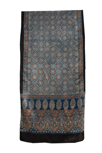 Ajrakh Mashru Silk Natural Dye Screen Print Hand Printed Stole With Tassels     -  SKU : ID22701T