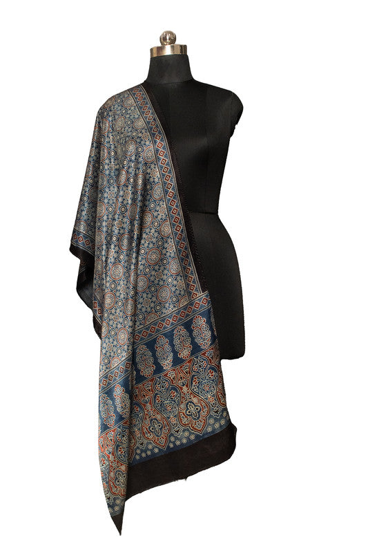 Ajrakh Mashru Silk Natural Dye Screen Print Hand Printed Stole With Tassels     -  SKU : ID22701T