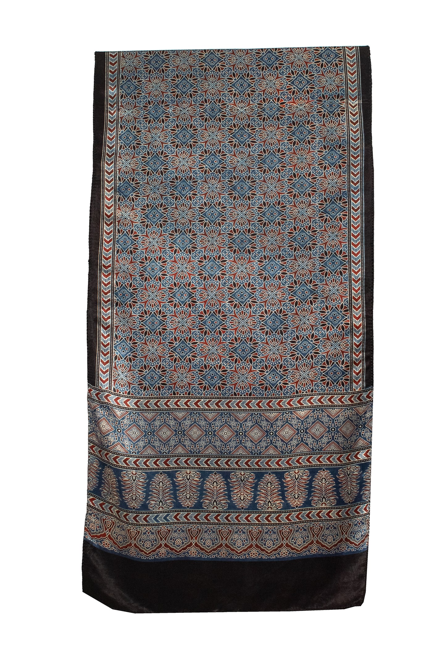 Ajrakh Mashru Silk Natural Dye Screen Print Hand Printed Stole With Tassels     -  SKU : ID22701D