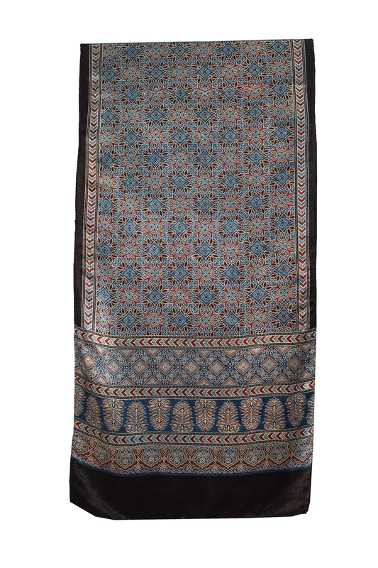 Ajrakh Mashru Silk Natural Dye Screen Print Hand Printed Stole With Tassels     -  SKU : ID22701D