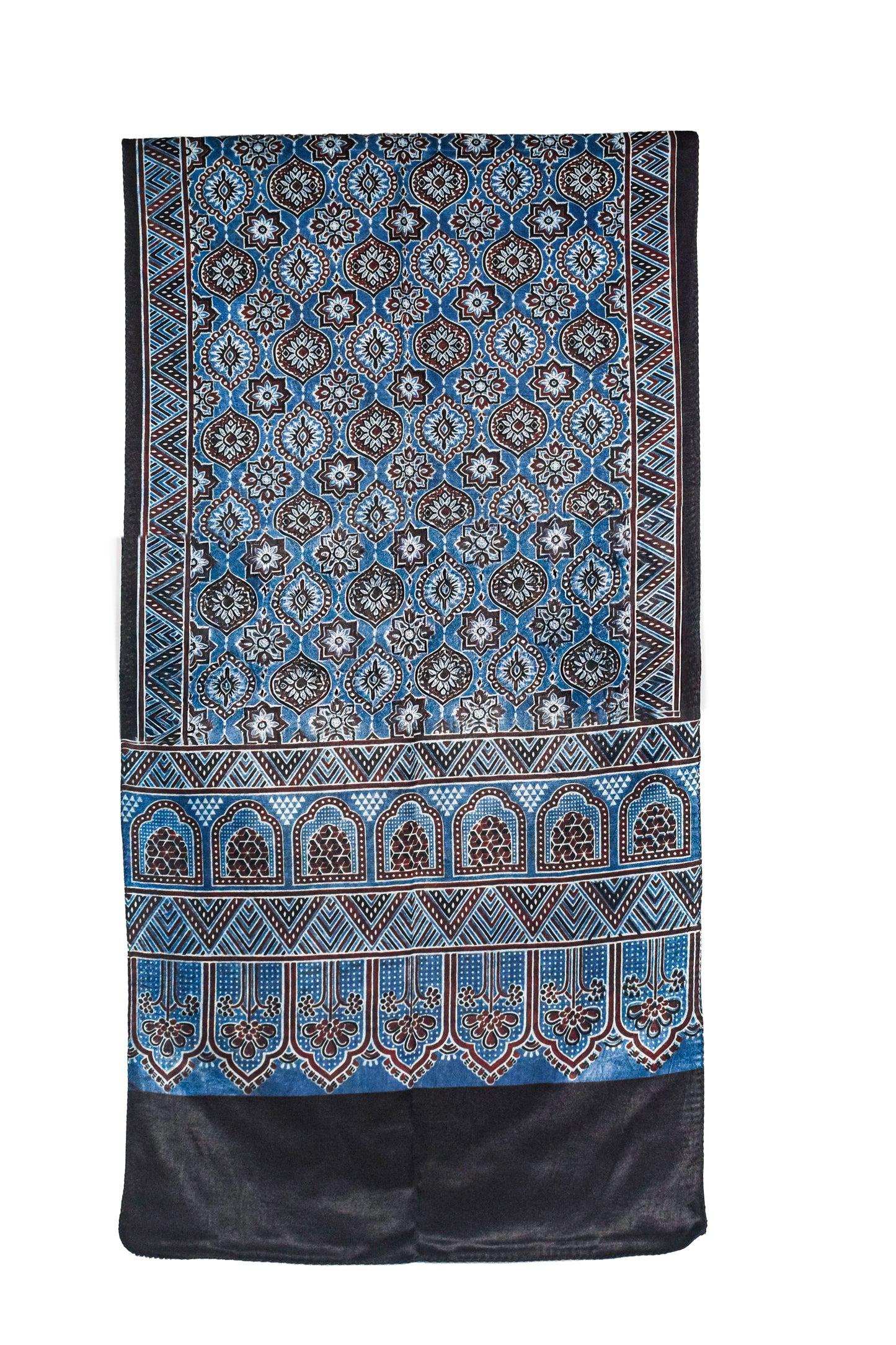 Ajrakh Mashru Silk Natural Dye Three Colour Print ( 3 Kam ) Screen Print Hand Printed Stole  - 2.1 Mtr Length    -  SKU : JH02C01C