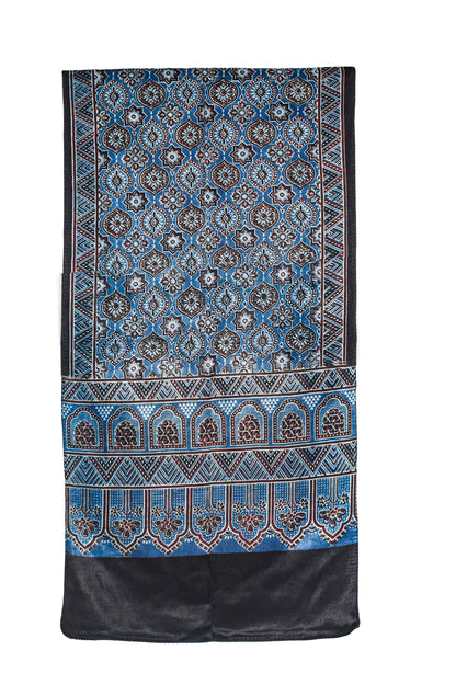 Ajrakh Mashru Silk Natural Dye Three Colour Print ( 3 Kam ) Screen Print Hand Printed Stole  - 2.1 Mtr Length    -  SKU : JH02C01C