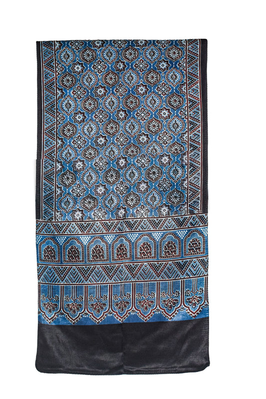 Ajrakh Mashru Silk Natural Dye Three Colour Print ( 3 Kam ) Screen Print Hand Printed Stole  - 2.1 Mtr Length    -  SKU : JH02C01C