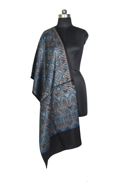 Ajrakh Mashru Silk Natural Dye Three Colour Print ( 3 Kam ) Screen Print Hand Printed Stole  - 2.1 Mtr Length    -  SKU : JH02C01C
