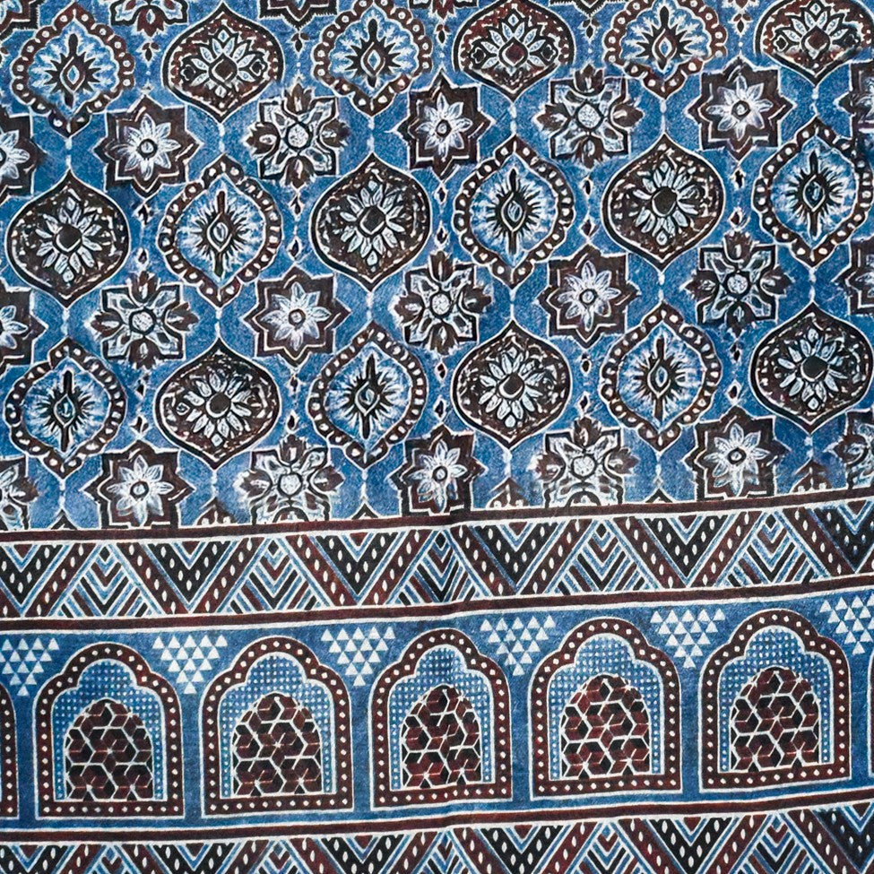 Ajrakh Mashru Silk Natural Dye Three Colour Print ( 3 Kam ) Screen Print Hand Printed Stole  - 2.1 Mtr Length    -  SKU : JH02C01C