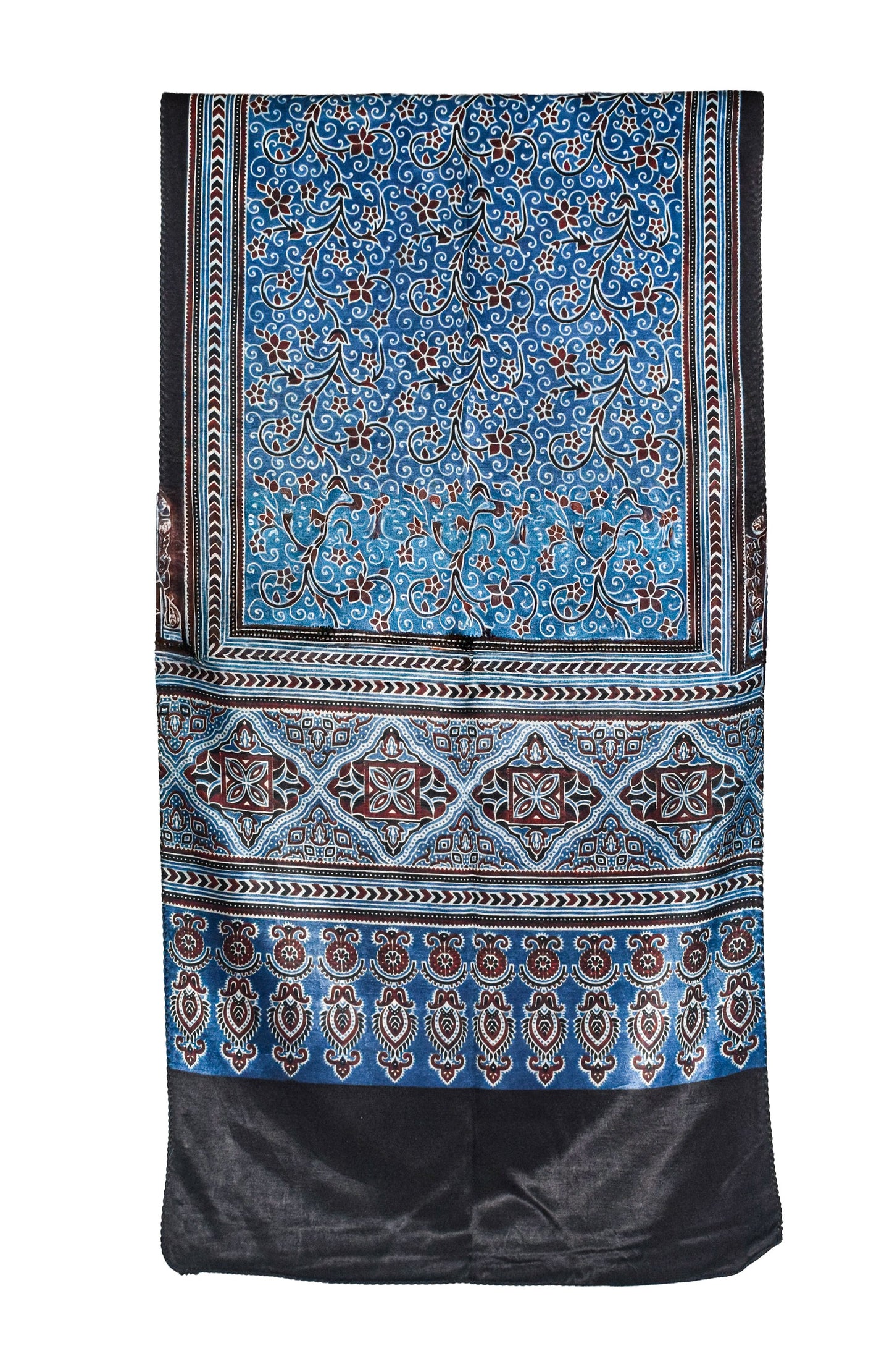 Ajrakh Mashru Silk Natural Dye Three Colour Print ( 3 Kam ) Screen Print Hand Printed Stole  - 2.1 Mtr Length    -  SKU : JH02C01H