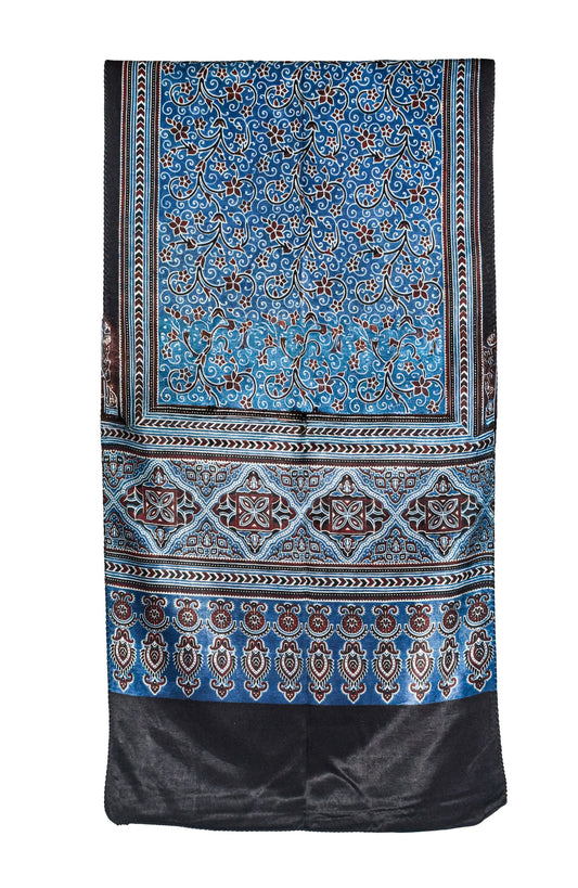 Ajrakh Mashru Silk Natural Dye Three Colour Print ( 3 Kam ) Screen Print Hand Printed Stole  - 2.1 Mtr Length    -  SKU : JH02C01H