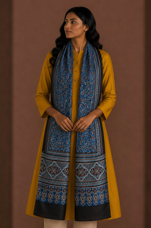 Ajrakh Mashru Silk Natural Dye Three Colour Print ( 3 Kam ) Screen Print Hand Printed Stole  - 2.1 Mtr Length    -  SKU : JH02C01H
