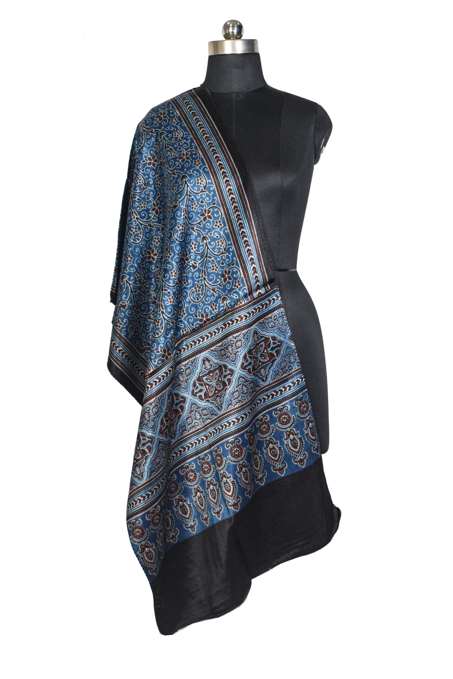 Ajrakh Mashru Silk Natural Dye Three Colour Print ( 3 Kam ) Screen Print Hand Printed Stole  - 2.1 Mtr Length    -  SKU : JH02C01H