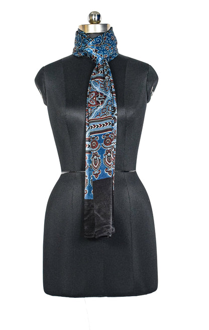 Ajrakh Mashru Silk Natural Dye Three Colour Print ( 3 Kam ) Screen Print Hand Printed Stole  - 2.1 Mtr Length    -  SKU : JH02C01H