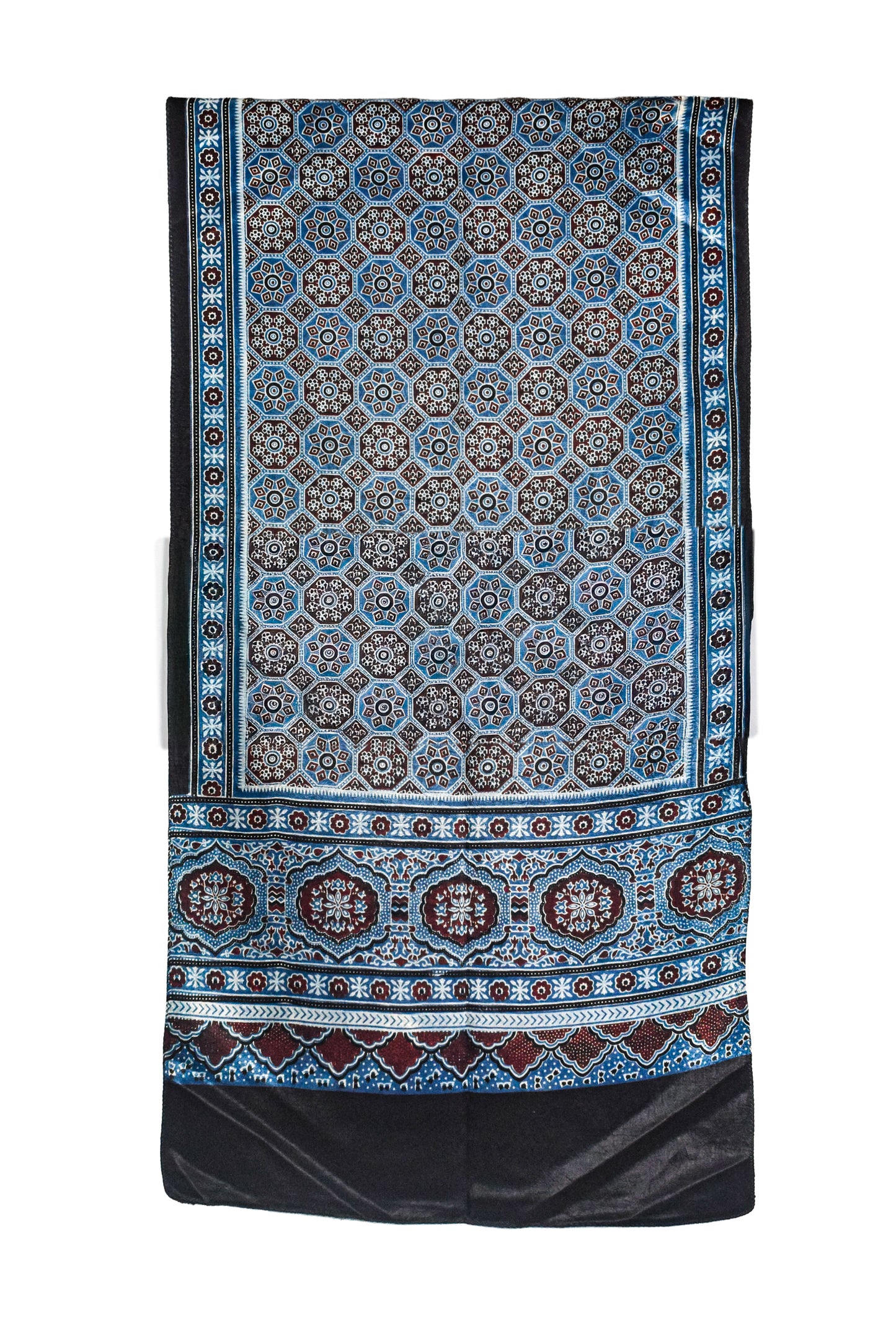 Ajrakh Mashru Silk Natural Dye Three Colour Print ( 3 Kam ) Screen Print Hand Printed Stole  - 2.1 Mtr Length    -  SKU : JH02C01Q