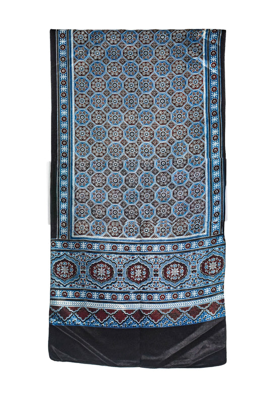 Ajrakh Mashru Silk Natural Dye Three Colour Print ( 3 Kam ) Screen Print Hand Printed Stole  - 2.1 Mtr Length    -  SKU : JH02C01Q