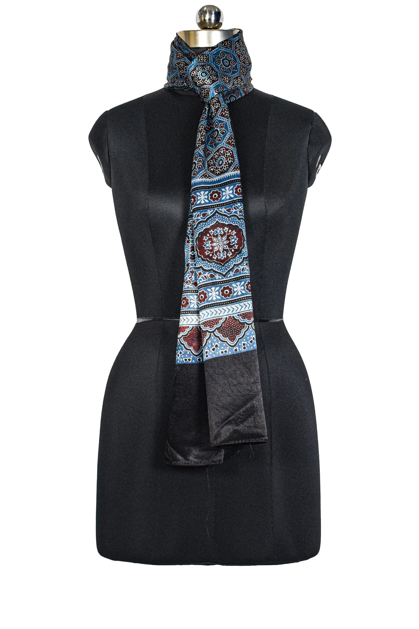 Ajrakh Mashru Silk Natural Dye Three Colour Print ( 3 Kam ) Screen Print Hand Printed Stole  - 2.1 Mtr Length    -  SKU : JH02C01Q