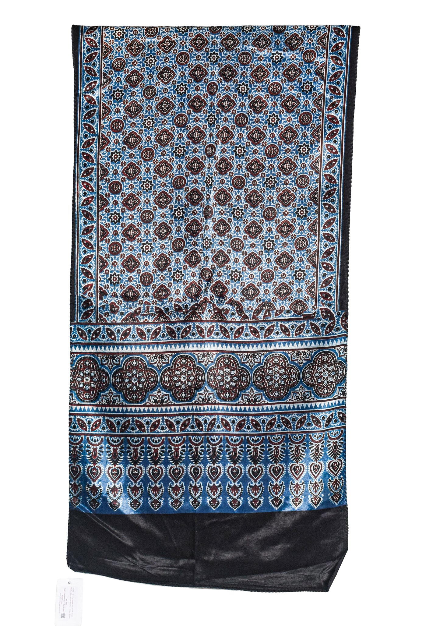 Ajrakh Mashru Silk Natural Dye Three Colour Print ( 3 Kam ) Screen Print Hand Printed Stole  - 2.1 Mtr Length    -  SKU : JH02C01T