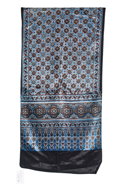 Ajrakh Mashru Silk Natural Dye Three Colour Print ( 3 Kam ) Screen Print Hand Printed Stole  - 2.1 Mtr Length    -  SKU : JH02C01T