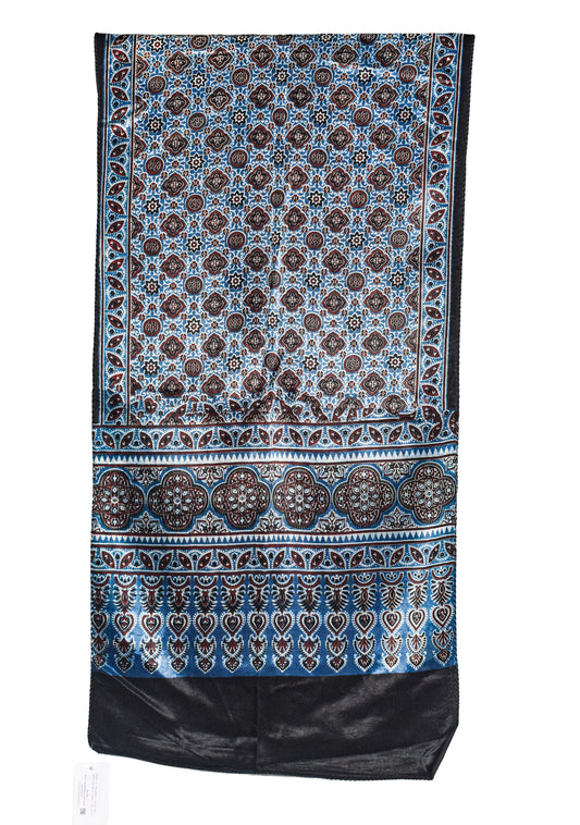 Ajrakh Mashru Silk Natural Dye Three Colour Print ( 3 Kam ) Screen Print Hand Printed Stole  - 2.1 Mtr Length    -  SKU : JH02C01T