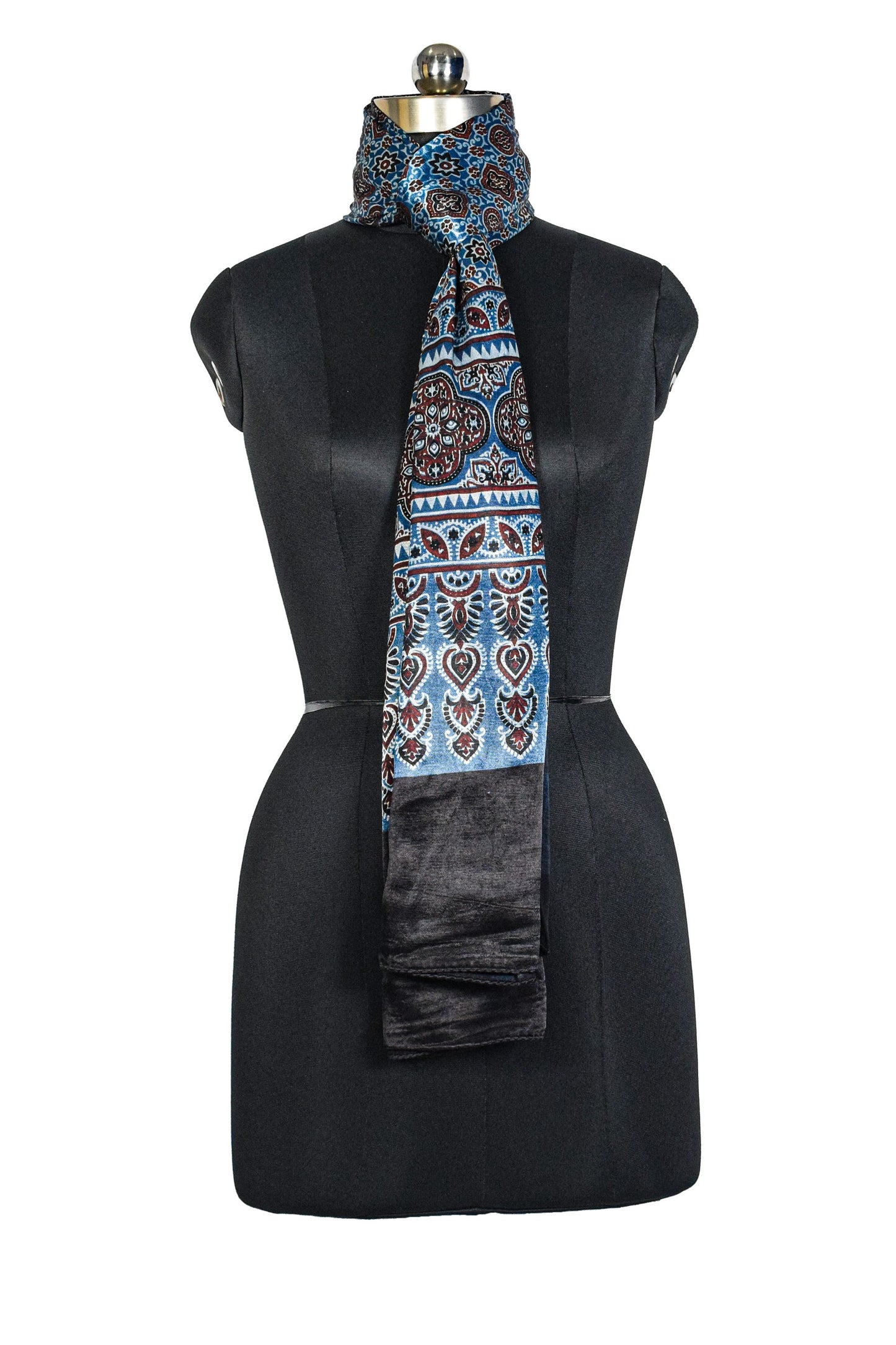 Ajrakh Mashru Silk Natural Dye Three Colour Print ( 3 Kam ) Screen Print Hand Printed Stole  - 2.1 Mtr Length    -  SKU : JH02C01T