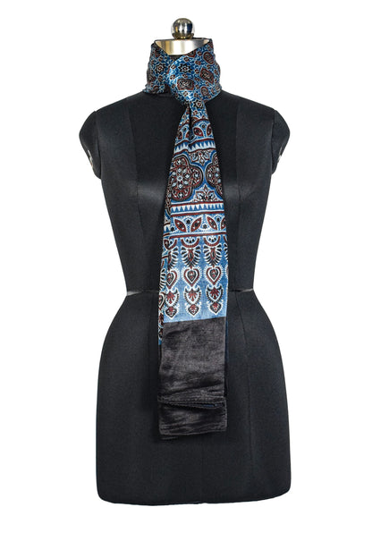 Ajrakh Mashru Silk Natural Dye Three Colour Print ( 3 Kam ) Screen Print Hand Printed Stole  - 2.1 Mtr Length    -  SKU : JH02C01T