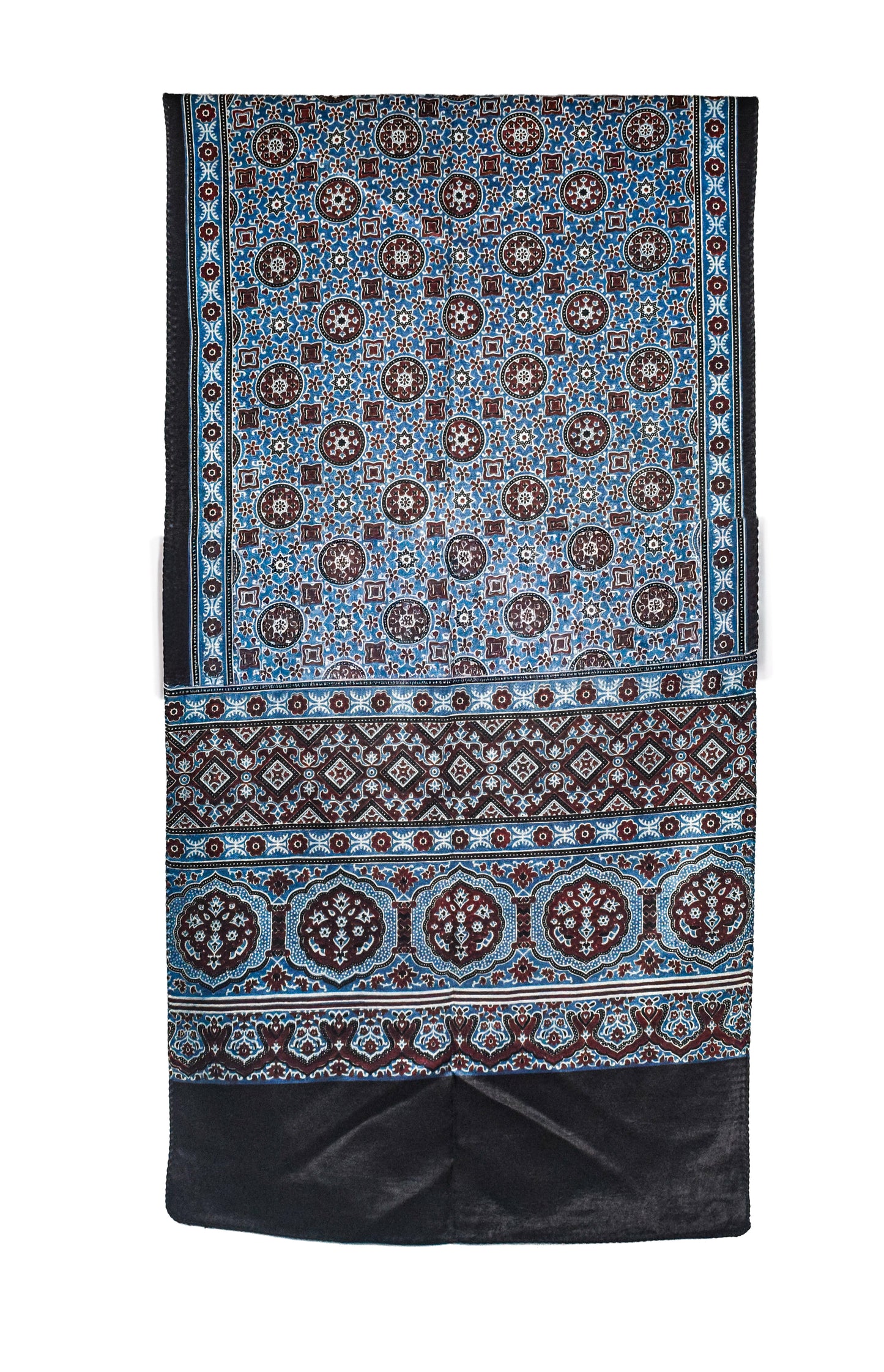 Ajrakh Mashru Silk Natural Dye Three Colour Print ( 3 Kam ) Screen Print Hand Printed Stole  - 2.1 Mtr Length    -  SKU : JH02C0AA