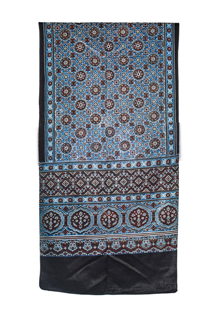 Ajrakh Mashru Silk Natural Dye Three Colour Print ( 3 Kam ) Screen Print Hand Printed Stole  - 2.1 Mtr Length    -  SKU : JH02C0AA