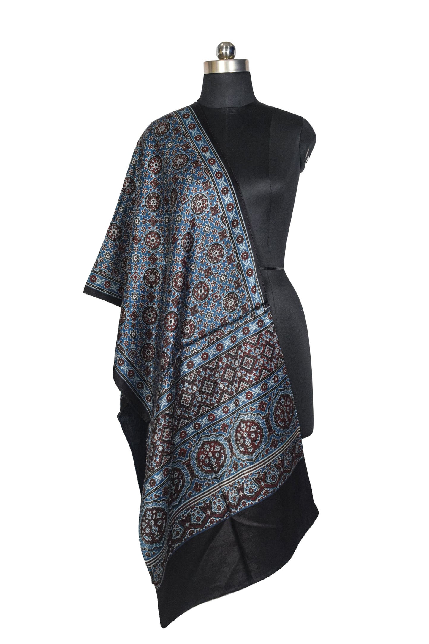 Ajrakh Mashru Silk Natural Dye Three Colour Print ( 3 Kam ) Screen Print Hand Printed Stole  - 2.1 Mtr Length    -  SKU : JH02C0AA