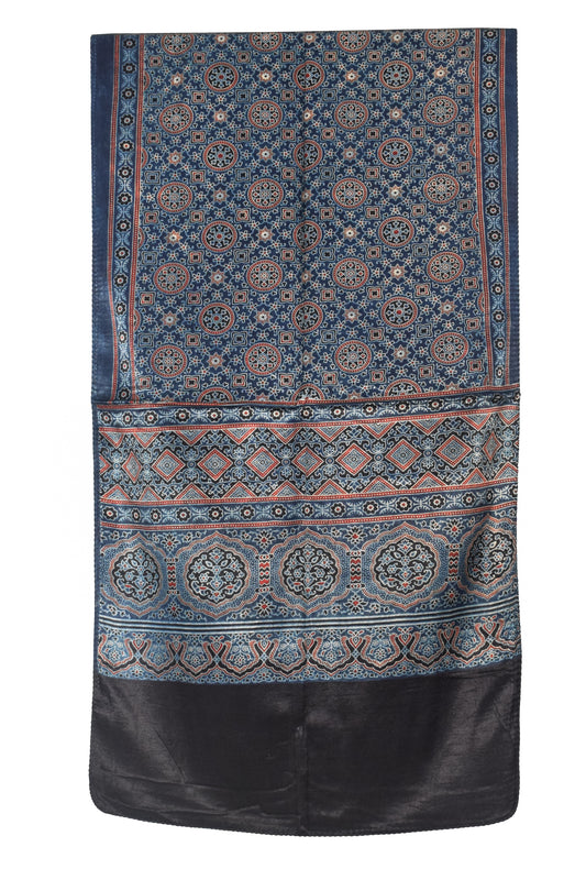 Ajrakh Mashru Silk Natural Dye Three Colour Print | 3 Kam | Screen Print Hand Printed Stole  - 2.1 Mtr Length   -  SKU : JH09A01A