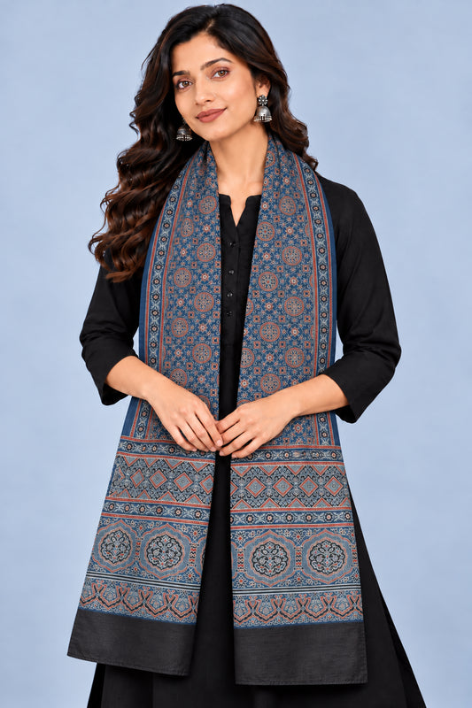Ajrakh Mashru Silk Natural Dye Three Colour Print | 3 Kam | Screen Print Hand Printed Stole  - 2.1 Mtr Length   -  SKU : JH09A01A