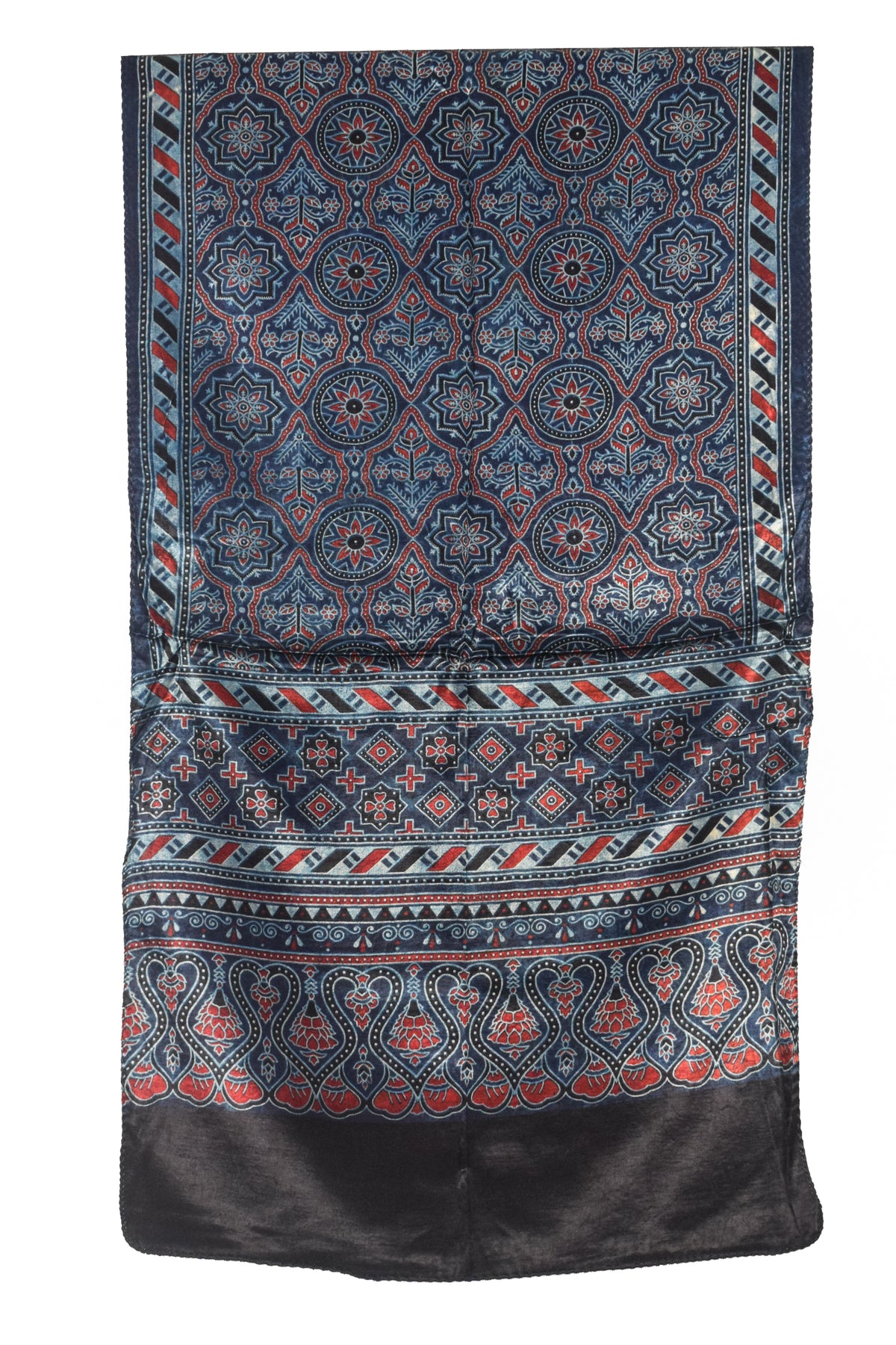 Ajrakh Mashru Silk Natural Dye Three Colour Print | 3 Kam | Screen Print Hand Printed Stole  - 2.1 Mtr Length   -  SKU : JH09A01J