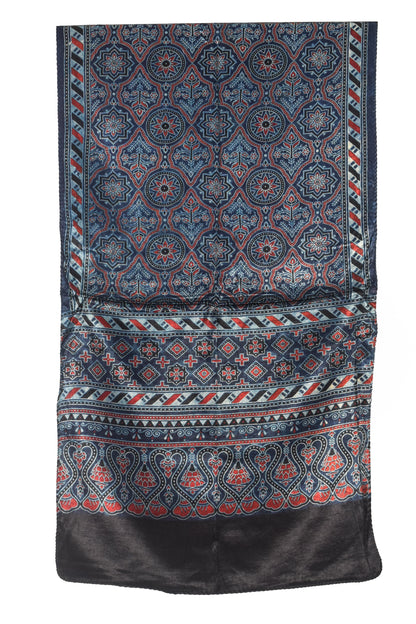 Ajrakh Mashru Silk Natural Dye Three Colour Print | 3 Kam | Screen Print Hand Printed Stole  - 2.1 Mtr Length   -  SKU : JH09A01J