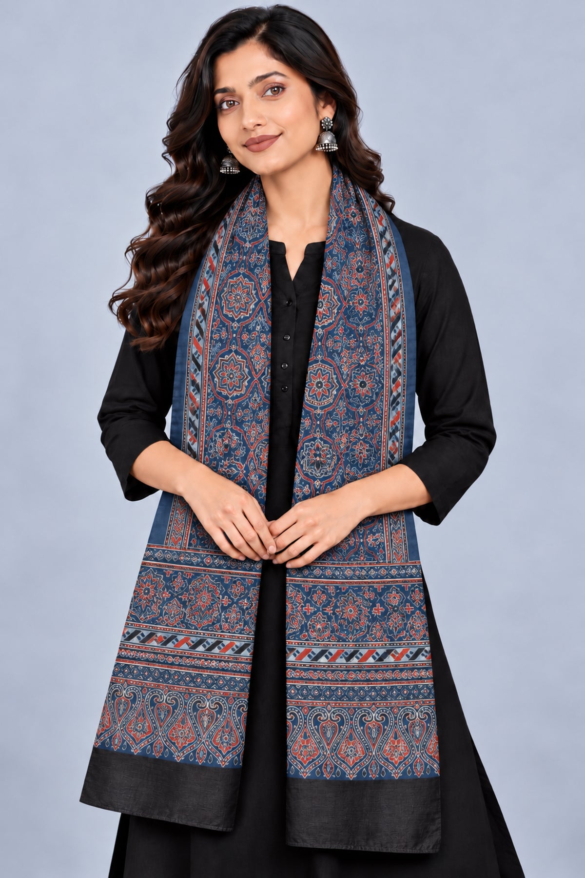 Ajrakh Mashru Silk Natural Dye Three Colour Print | 3 Kam | Screen Print Hand Printed Stole  - 2.1 Mtr Length   -  SKU : JH09A01J