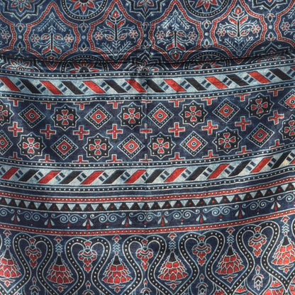 Ajrakh Mashru Silk Natural Dye Three Colour Print | 3 Kam | Screen Print Hand Printed Stole  - 2.1 Mtr Length   -  SKU : JH09A01J