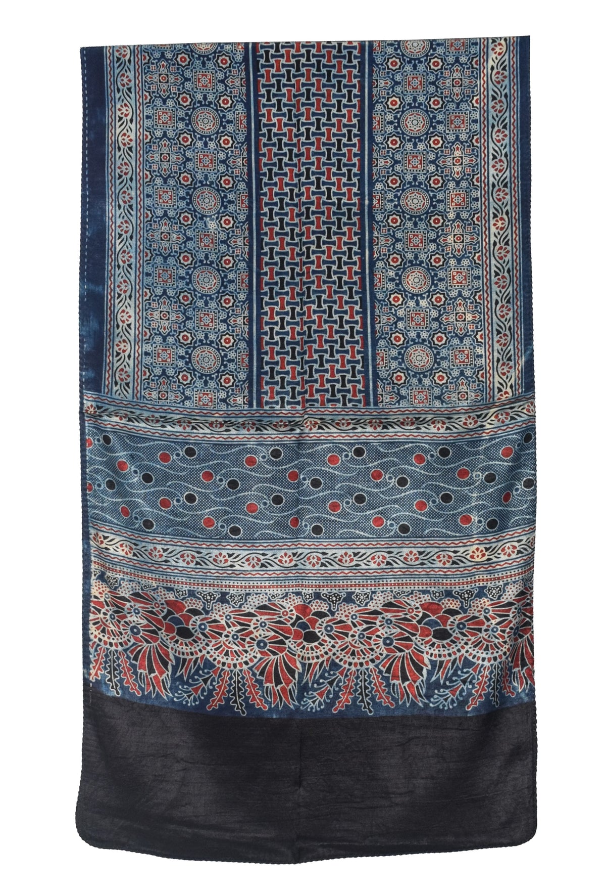 Ajrakh Mashru Silk Natural Dye Three Colour Print | 3 Kam | Screen Print Hand Printed Stole  - 2.1 Mtr Length   -  SKU : JH09A01O