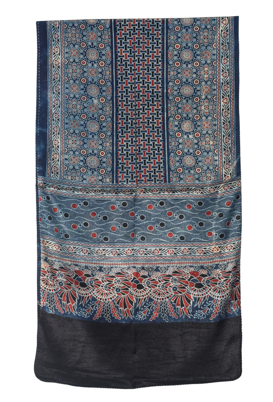 Ajrakh Mashru Silk Natural Dye Three Colour Print | 3 Kam | Screen Print Hand Printed Stole  - 2.1 Mtr Length   -  SKU : JH09A01O