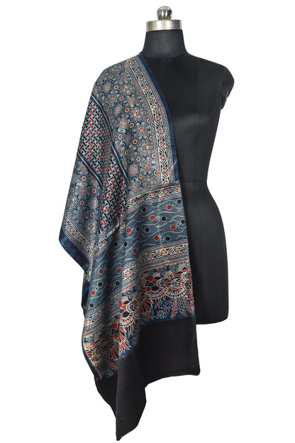Ajrakh Mashru Silk Natural Dye Three Colour Print | 3 Kam | Screen Print Hand Printed Stole  - 2.1 Mtr Length   -  SKU : JH09A01O
