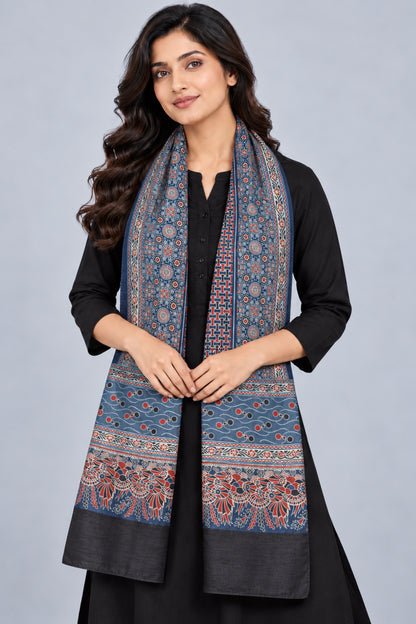 Ajrakh Mashru Silk Natural Dye Three Colour Print | 3 Kam | Screen Print Hand Printed Stole  - 2.1 Mtr Length   -  SKU : JH09A01O