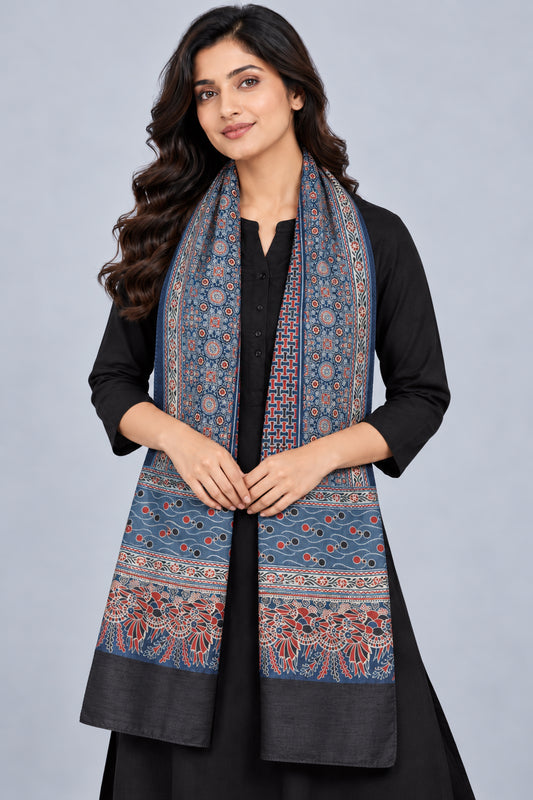 Ajrakh Mashru Silk Natural Dye Three Colour Print | 3 Kam | Screen Print Hand Printed Stole  - 2.1 Mtr Length   -  SKU : JH09A01O