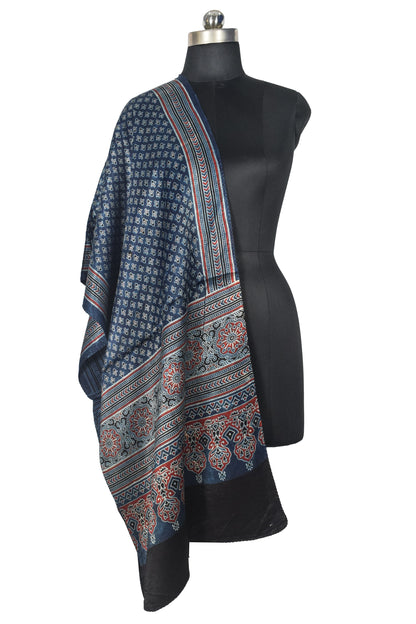 Ajrakh Mashru Silk Natural Dye Three Colour Print | 3 Kam | Screen Print Hand Printed Stole  - 2.1 Mtr Length   -  SKU : JH09A01T