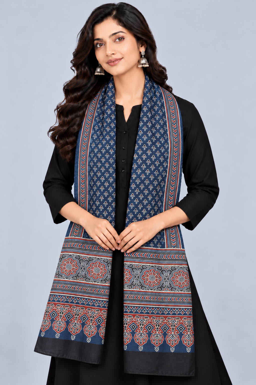 Ajrakh Mashru Silk Natural Dye Three Colour Print | 3 Kam | Screen Print Hand Printed Stole  - 2.1 Mtr Length   -  SKU : JH09A01T