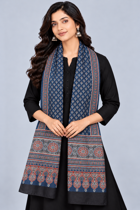 Ajrakh Mashru Silk Natural Dye Three Colour Print | 3 Kam | Screen Print Hand Printed Stole  - 2.1 Mtr Length   -  SKU : JH09A01T
