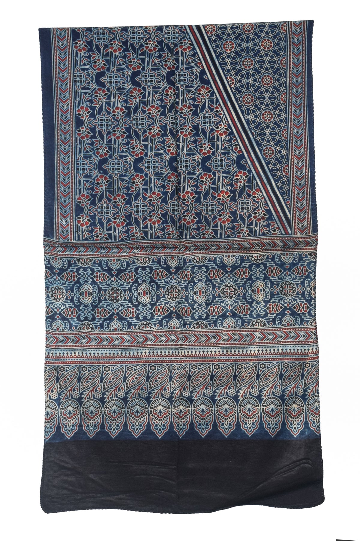 Ajrakh Mashru Silk Natural Dye Three Colour Print | 3 Kam | Screen Print Hand Printed Stole  - 2.1 Mtr Length   -  SKU : JH09A01Y