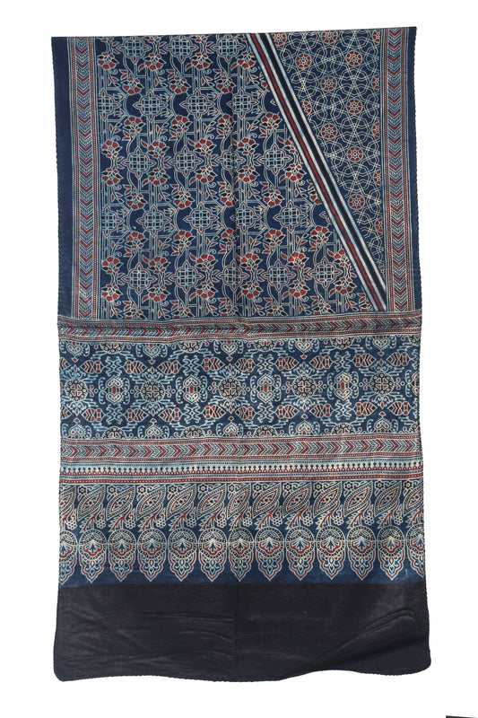 Ajrakh Mashru Silk Natural Dye Three Colour Print | 3 Kam | Screen Print Hand Printed Stole  - 2.1 Mtr Length   -  SKU : JH09A01Y