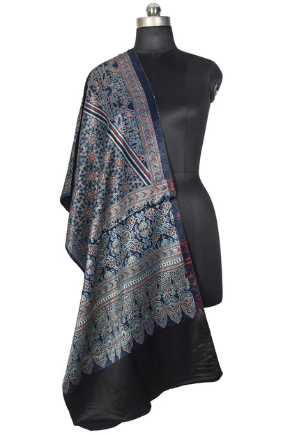 Ajrakh Mashru Silk Natural Dye Three Colour Print | 3 Kam | Screen Print Hand Printed Stole  - 2.1 Mtr Length   -  SKU : JH09A01Y