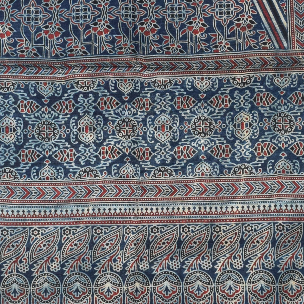Ajrakh Mashru Silk Natural Dye Three Colour Print | 3 Kam | Screen Print Hand Printed Stole  - 2.1 Mtr Length   -  SKU : JH09A01Y