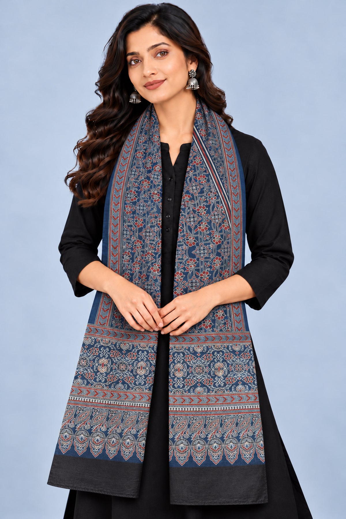 Ajrakh Mashru Silk Natural Dye Three Colour Print | 3 Kam | Screen Print Hand Printed Stole  - 2.1 Mtr Length   -  SKU : JH09A01Y