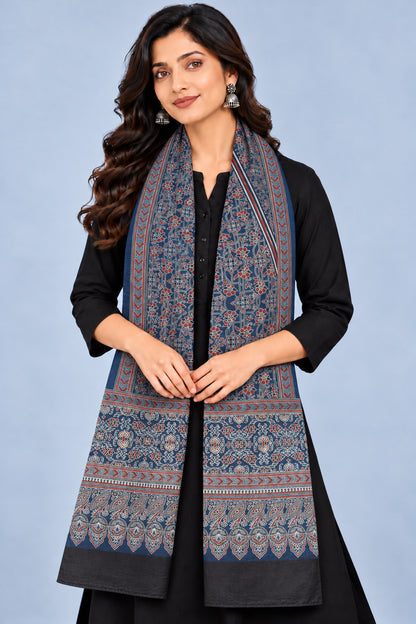 Ajrakh Mashru Silk Natural Dye Three Colour Print | 3 Kam | Screen Print Hand Printed Stole  - 2.1 Mtr Length   -  SKU : JH09A01Y